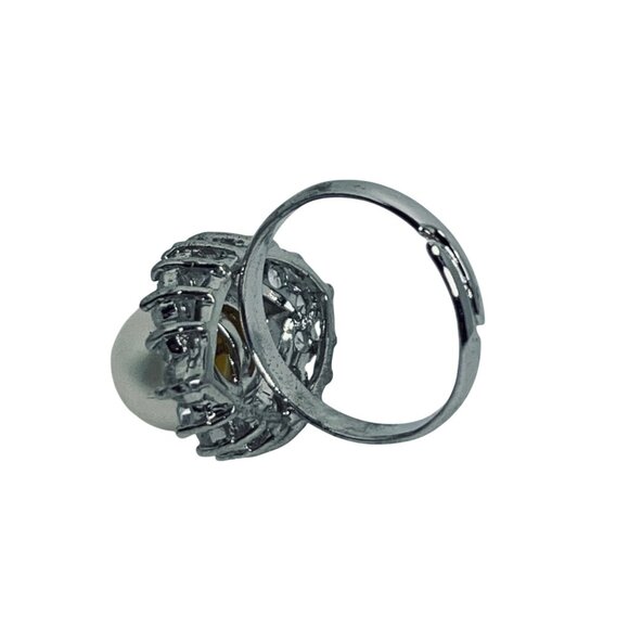Silver Tone Statement Ring With Oval Pearl & Clear Rhinestones (R438-1-2) - Picture 7 of 7